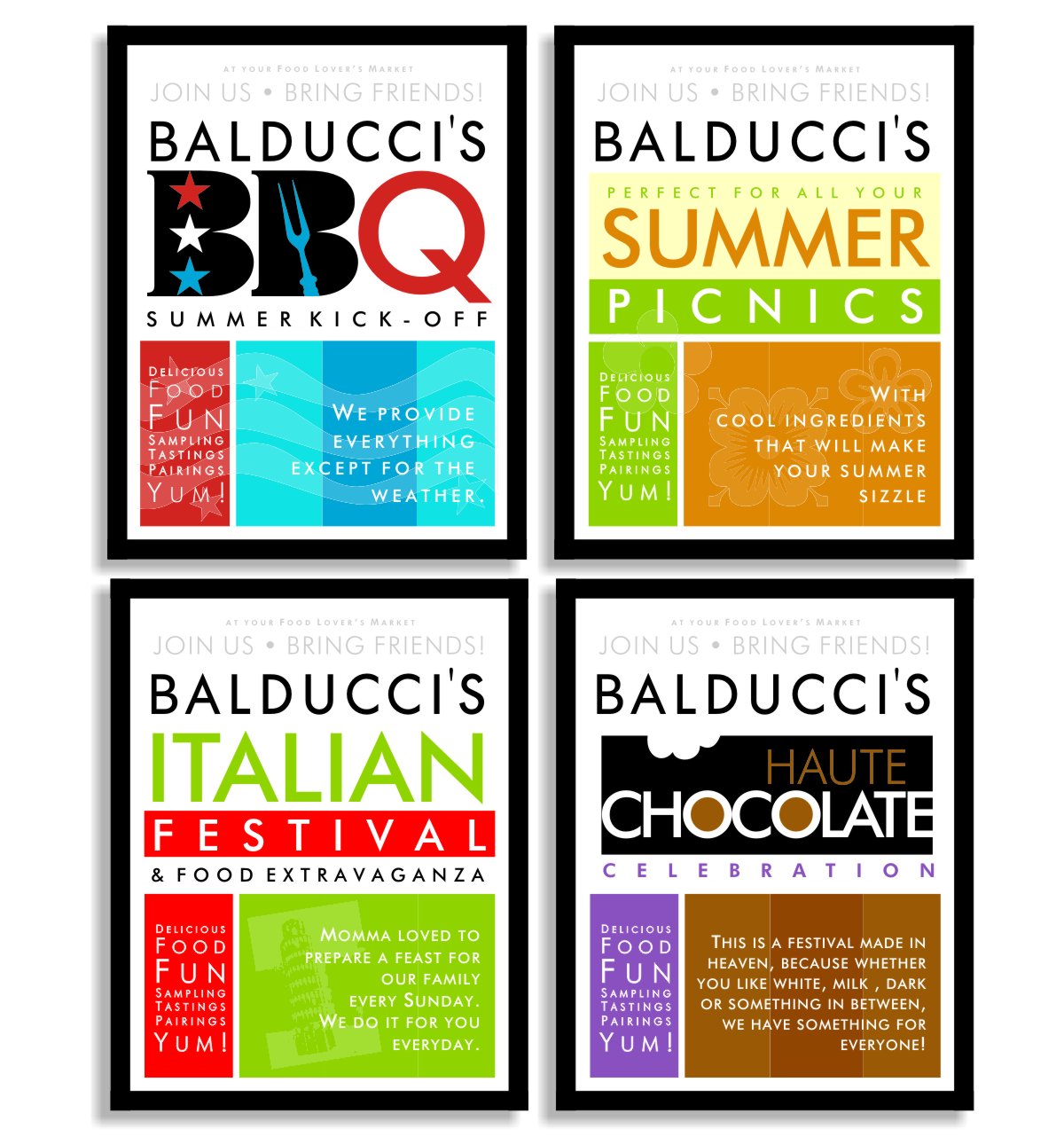 A series of four graphic posters for seasonal food marketing event series. Summer barbeque or B B Q with red white and blue stars in the first Balducci